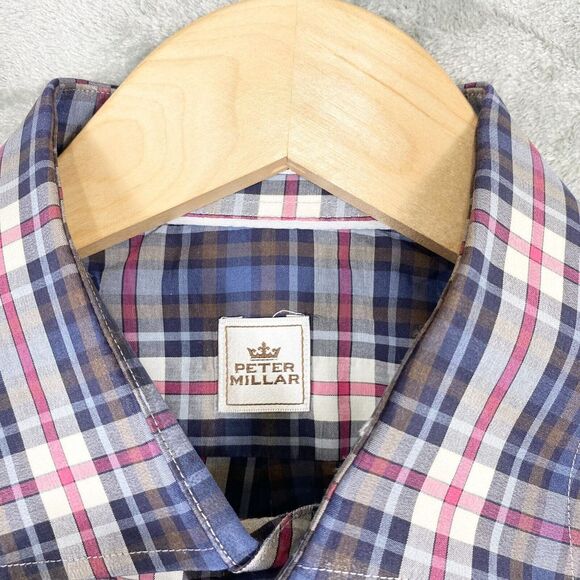 Peter Millar Shirt Men Large Button Up Blue Red White Tartan Plaid Spread - Picture 3 of 5